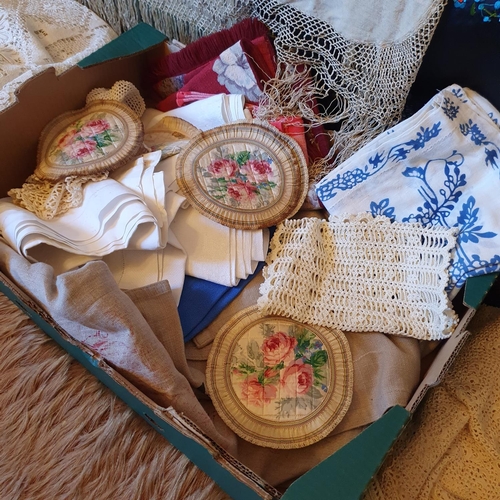 502 - A Chinese silk embroidered shawl, and other assorted textiles (box)