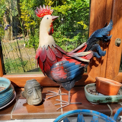 532 - Assorted garden pots, a painted metal cockerel and other items