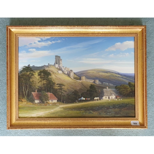 569 - Colin Richens, Corfe Castle, oil on board, signed, 37.5 x 55 cm