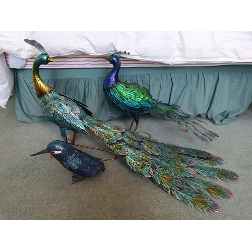 593 - A painted metalwork figure of a peacock, 43 cm high, another similar, 49 cm high, a similar kingfish... 