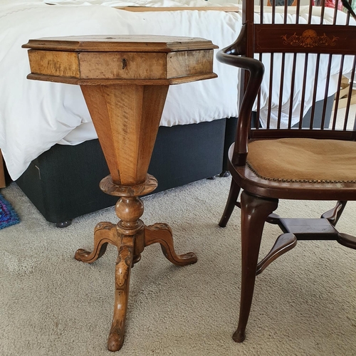 620 - An Edwardian inlaid mahogany stick back armchair, one splat damaged, and a Victorian walnut work tab... 