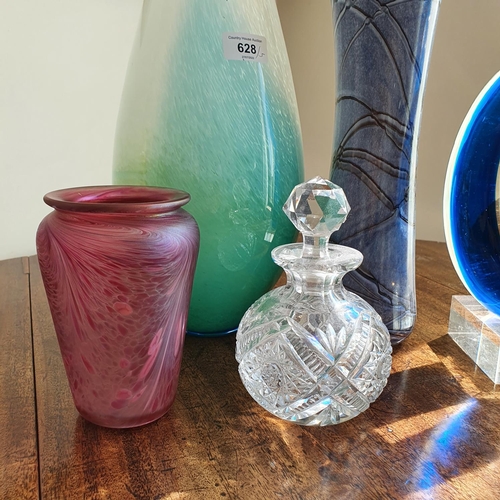 628 - An art glass vase, 53 cm high, and four other items of glass (5)