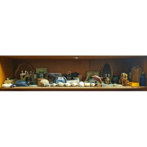 676 - A small geode, various fossils, and other items (third shelf down on the lounge unit)