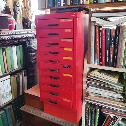 186 - Three red painted metal filing cabinets, 28 cm wide, and a similar Ryman cabinet (4)