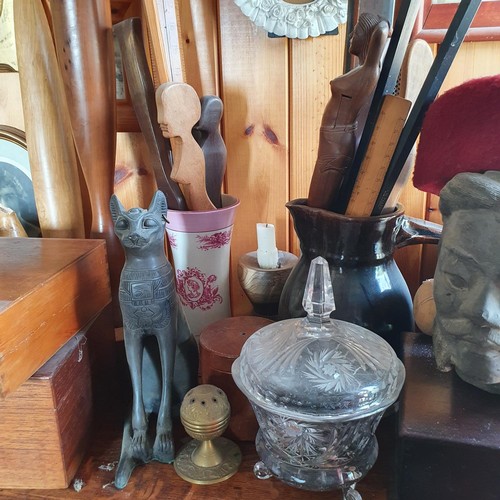 196 - Assorted wooden boxes, treen, ceramics and other items (all on top of the carved oak breakfront book... 