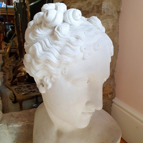 477 - A late 19th/early 20th century carved marble bust, of a lady with her hair tied up, on a socle base,... 