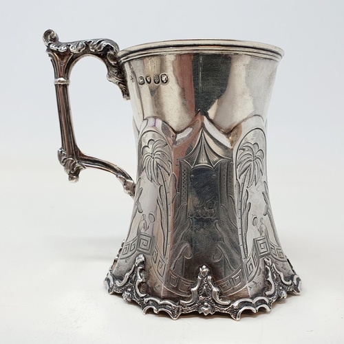 179 - A Victorian silver christening mug, the octagonal spreading based with chinoiserie engraved decorati... 