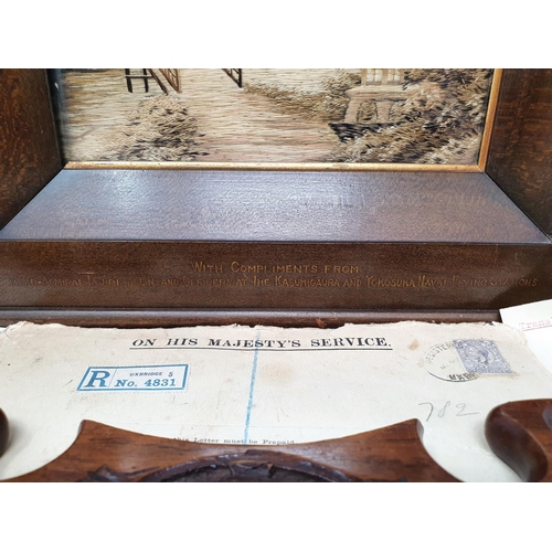 7 - Royal Flying Club interest: An embroidery, in an oak frame, reading With Compliments From Rear-Admir... 