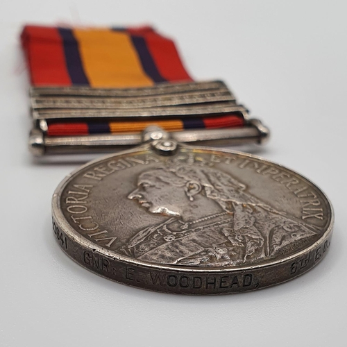 38 - A Queen's South Africa Medal, awarded to 30841 Gnr E Woodhead 6th E D RGA, with Cape Colony Orange F... 