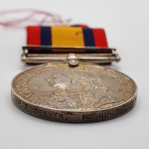 39 - A Queen's South Africa Medal, awarded to 6415 Pte F Denyer 1st RL Sussex REGT, with Cape Colony clas... 