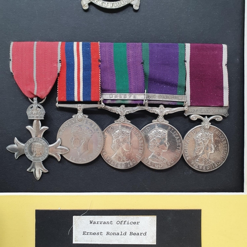 51 - A group of five medals, awarded to 22772198 S Sgt E R Beard RAPC, comprising an MBE, War Medal, Gene... 