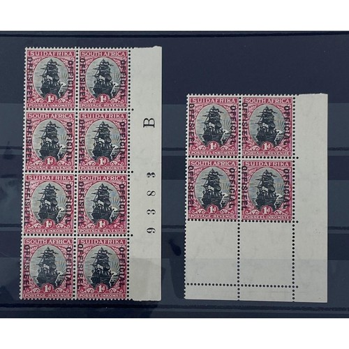 208 - South Africa - 1930-47 1d black and carmine, marginal block of 8, two stamps showing stop after 