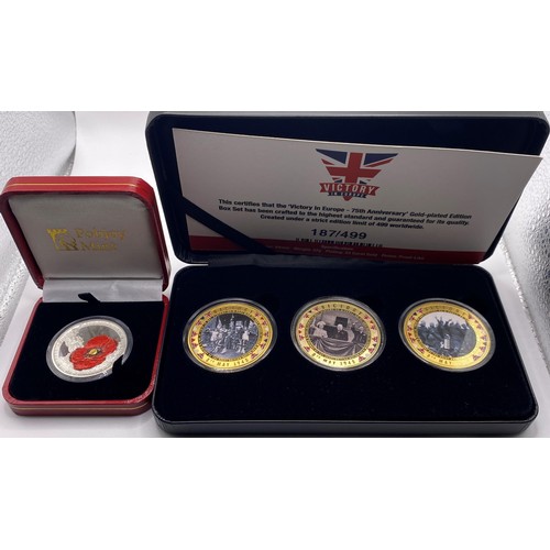 198 - A silver proof Rupert Bear 50p piece, three other commemorative coins, and a VE medal set