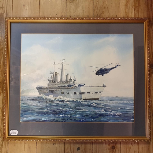 9 - C A Perrot, aircraft carrier, watercolour, signed, 36 x 46 cm, and two prints (3)