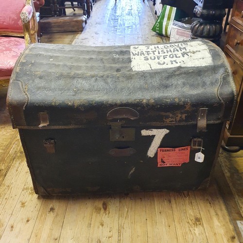 65 - A dome topped travelling trunk, S/L J H DAVIS RAF WATERSHAM, SUFFOLK UK, with a group of pewter tank... 