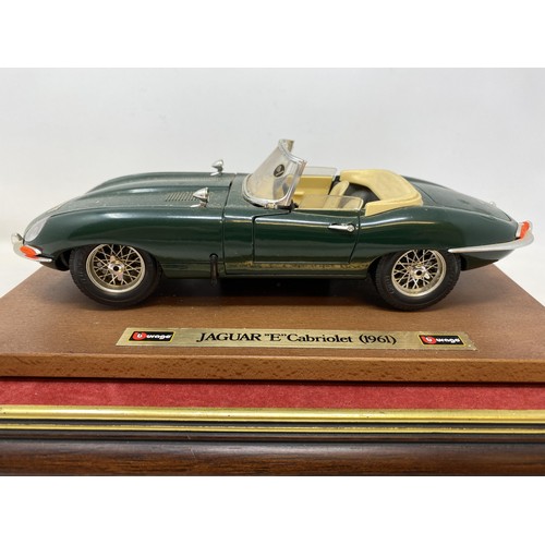 535 - A Burgo model of a Jaguar E Cabriolet (1961), in a mahogany and perspex case, 30 cm wide