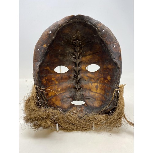 583 - A turtle carapace tribal mask, pierced and decorated shells, 28 cm high