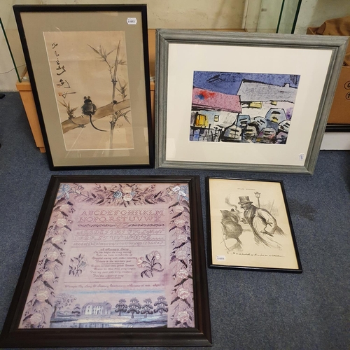 616 - A Chinese print of a mouse, a print of a sampler, and two other prints, and other items (qty)