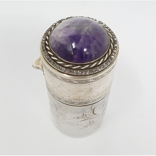 639 - A French silver coloured metal and glass scent bottle, with an amethyst cabochon top, 9.5 cm high