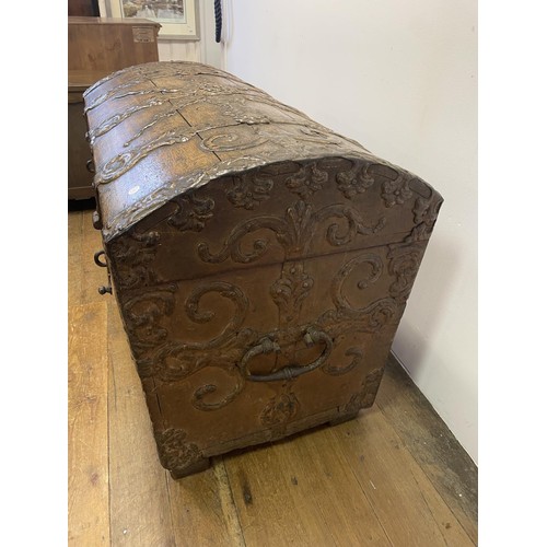 766 - A painted metal dome top casket, with floral hinges and mounts, 101 cm wide