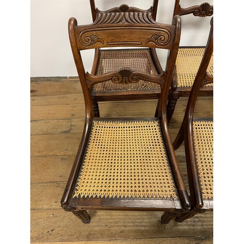 789 - A set of six 19th century rosewood bar back dining chairs, with reeded seats, on turned reeded taper... 