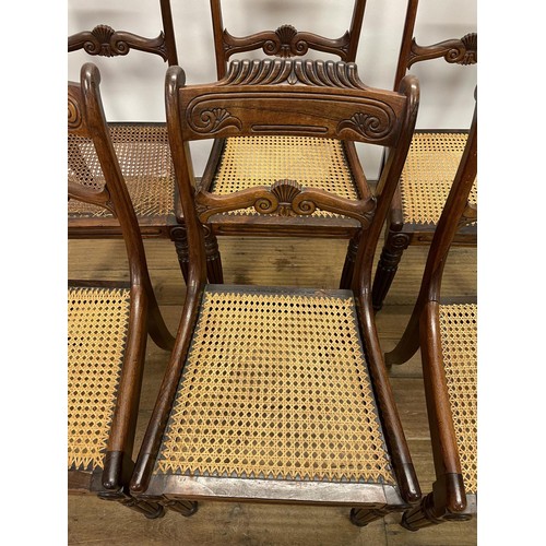 789 - A set of six 19th century rosewood bar back dining chairs, with reeded seats, on turned reeded taper... 