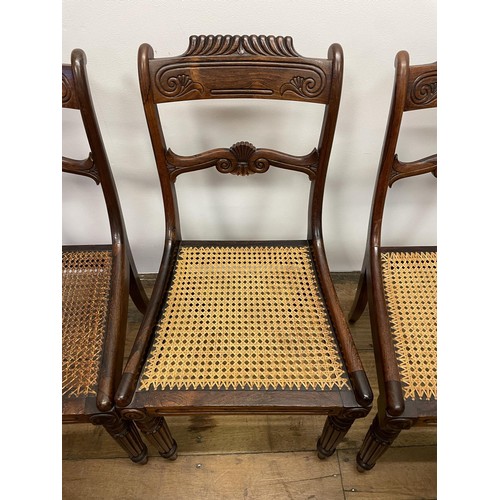 789 - A set of six 19th century rosewood bar back dining chairs, with reeded seats, on turned reeded taper... 