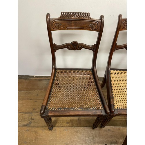 789 - A set of six 19th century rosewood bar back dining chairs, with reeded seats, on turned reeded taper... 