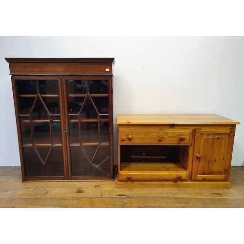 849 - An oak refectory table, 184 cm wide, a kitchen table, a folding sewing box, a cupboard, two tables, ... 