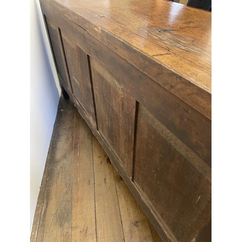 513 - An oak mule chest, with a hinged top, above six faux drawers and three real drawers, 169 cm wide