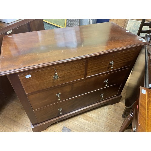 582 - A mahogany bow front chest, 92 cm wide, another chest, and a 19th century mahogany piano stool (3)