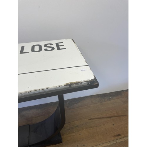 101 - An enamel street sign, Hillside Close NW8, City of Westminster, set into the top of a table, 107 cm ... 