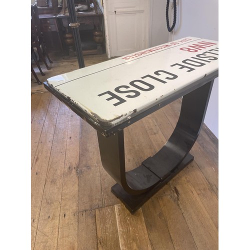 101 - An enamel street sign, Hillside Close NW8, City of Westminster, set into the top of a table, 107 cm ... 