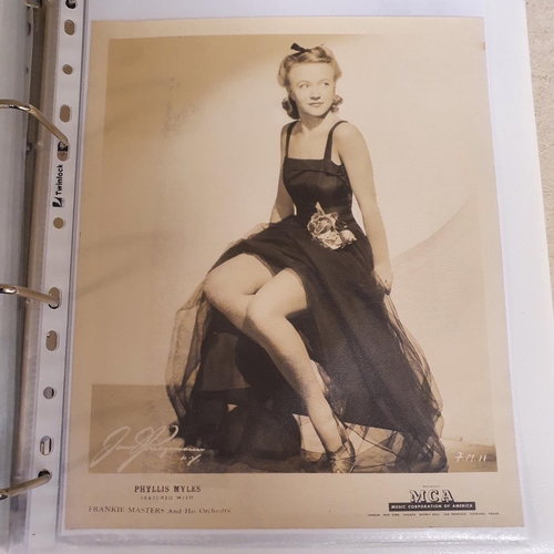 27 - An album of 1930s and 1950s film portrait photographs, and lobby cards, to include Joan Marion, Andr... 