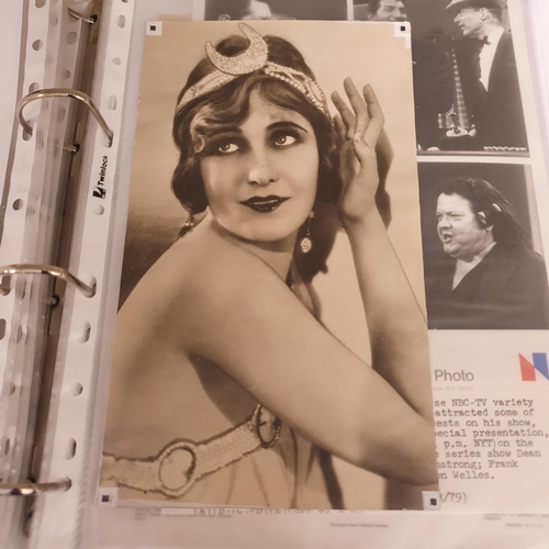 27 - An album of 1930s and 1950s film portrait photographs, and lobby cards, to include Joan Marion, Andr... 