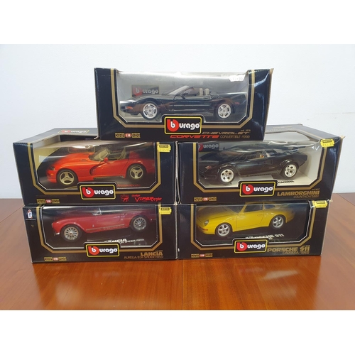 75 - Five Burago 1:18 scale models, Chevrolet Corvette Convertible (1998), Lamborghini Countach (1988), P... 