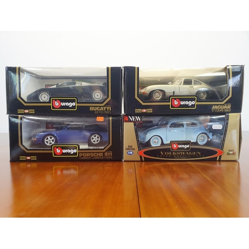 77 - Four Burago 1:18 models, Jaguar E-Type Coupe (1961), Bugatti EB 110 (1991), Volkswagen Kafer Beetle ... 