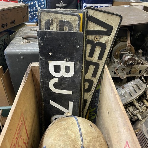 166 - Assorted crash helmets, car number plates and other items (box)  
Provenance: Removed from a private... 