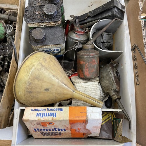 181 - Assorted carburettor parts, oil cans, and other items (3 boxes) 
Provenance: Removed from a private ... 