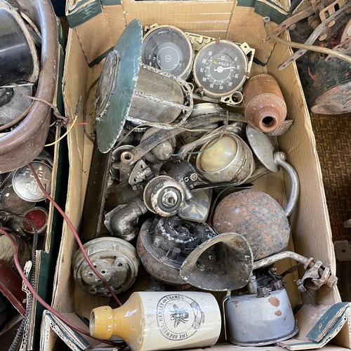 196 - Assorted oil cans, dials, caps and other items (3 boxes)  Provenance: Removed from a private garage/... 