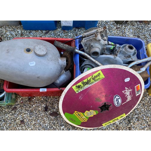 239 - A motorcycle fuel tank, assorted engine and other parts (4 boxes)