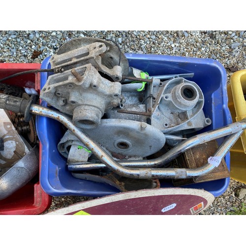 239 - A motorcycle fuel tank, assorted engine and other parts (4 boxes)