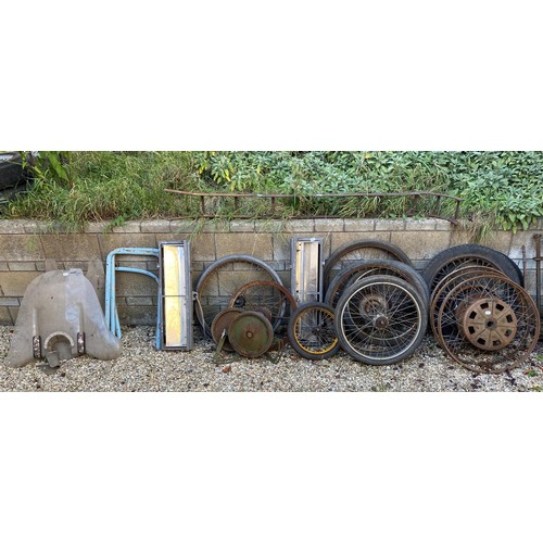 257 - Assorted wheels, an iron ladder and other items (qty)  Provenance: Removed from a private garage/wor... 