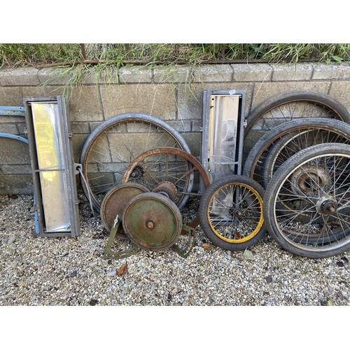 257 - Assorted wheels, an iron ladder and other items (qty)  Provenance: Removed from a private garage/wor... 