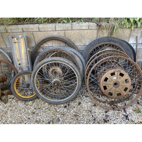 257 - Assorted wheels, an iron ladder and other items (qty)  Provenance: Removed from a private garage/wor... 