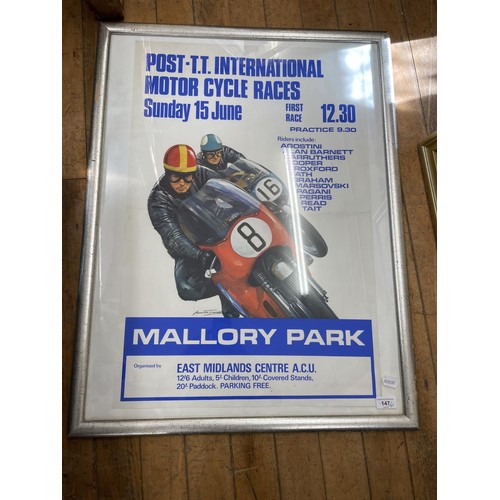 147 - A Mallory Park Post TT International Race poster, a Rod Organ limited edition signed print, Unforget... 