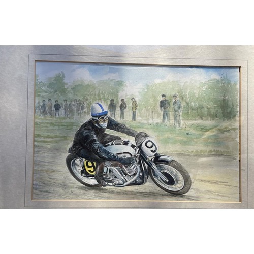 143 - A watercolour drawing of a racing Norton, 21.5 x 32.5 cm, and other assorted motorcycle pictures and... 