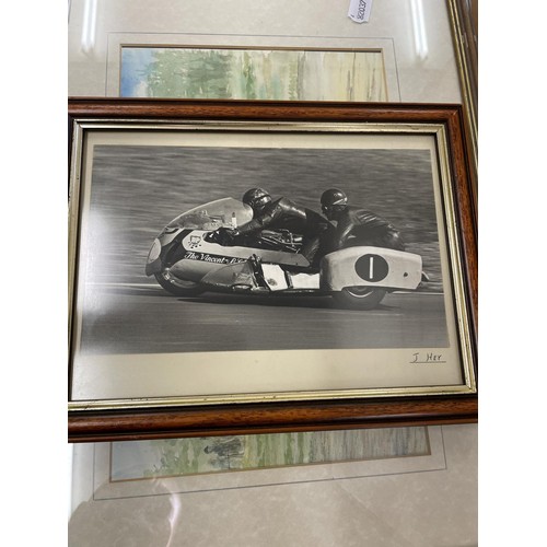 143 - A watercolour drawing of a racing Norton, 21.5 x 32.5 cm, and other assorted motorcycle pictures and... 