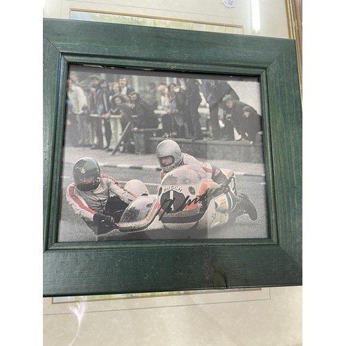 143 - A watercolour drawing of a racing Norton, 21.5 x 32.5 cm, and other assorted motorcycle pictures and... 