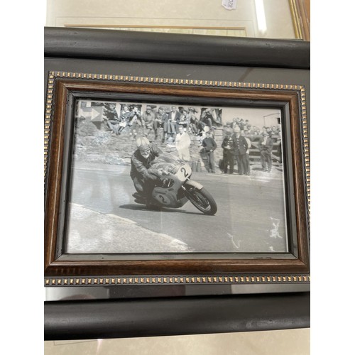 143 - A watercolour drawing of a racing Norton, 21.5 x 32.5 cm, and other assorted motorcycle pictures and... 